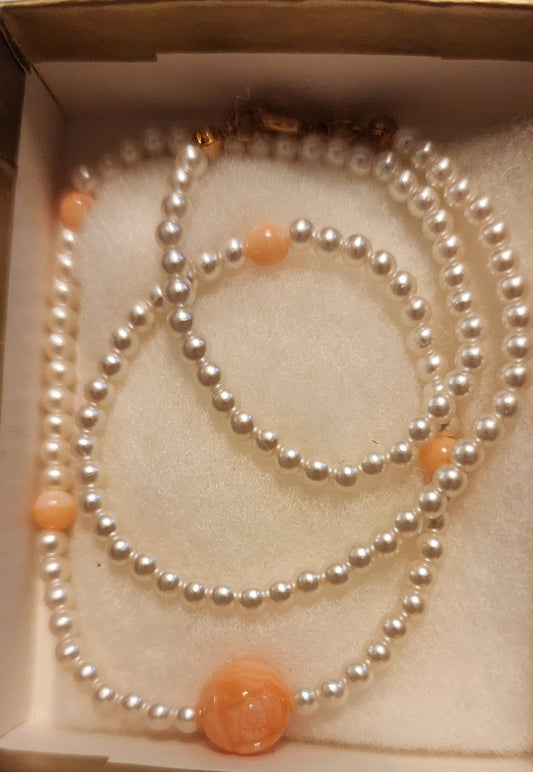 Avon Childs Pearl and Coral Rose Necklace